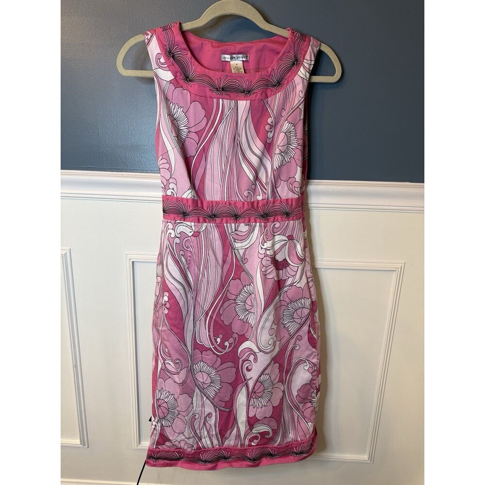 Jillian Jones Womens 4 Pink Floral Sheath Dress Embroidered Sleeveless Retro Mod